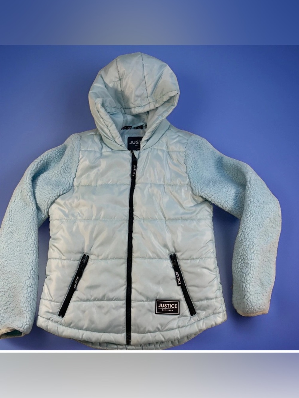Justice Girls 12/14 Light Blue Hooded Puffer with Fleece/Serpa Sleeves